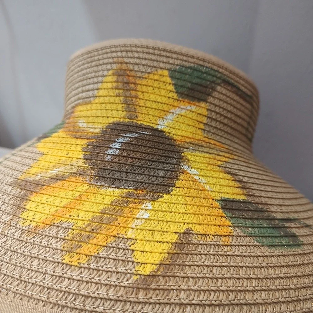 Women Wide Brim Hand‎ Painted Paper Hat Adjustable Open Top Sweat Band Brown Bow